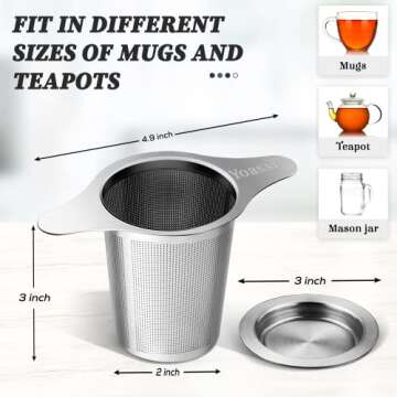 Yoassi Extra Fine 18/8 Stainless Steel Tea Infuser Mesh Strainer with Large Capacity & Perfect Size Double Handles for Hanging on Teapots, Mugs, Cups to Steep Loose Leaf Tea and Coffee