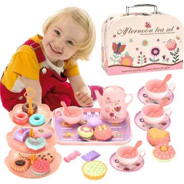 Charmspal Toddler Tea Party Set for Girls - Kids Kitchen Pretend Play Toys Girl Toy Tea Pot Set with Carrying Case Tea Cups Sweet Treats Dishes Play Food Gifts for 3 4 5 6 Years Old Presents