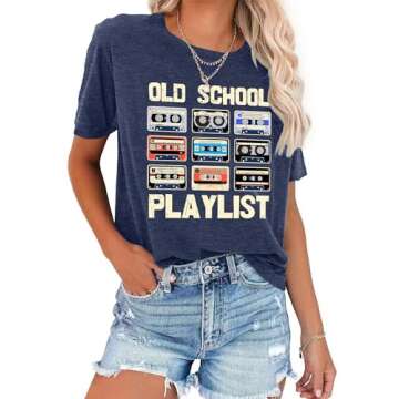 LAZYCHILD 80s Shirt for Women 90s Shirts: Old School Playlist T-Shirt Cassette Tape Graphic 80s Music Concert Tee Tops Dark-Blue