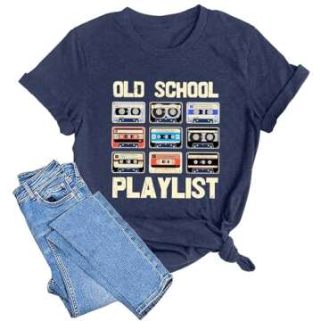 LAZYCHILD 80s Shirt for Women 90s Shirts: Old School Playlist T-Shirt Cassette Tape Graphic 80s Music Concert Tee Tops Dark-Blue