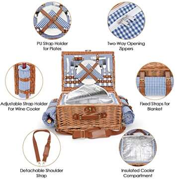 Picnic Baskets for 2, Picnic Basket with Waterproof Blanket, Picnic Basket Set with Washable Beach Mat & Large Insulated Cooler Compartment, Handmade Natural Wicker Hamper for Camping, Outdoor Party