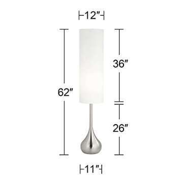 Possini Euro Design Modern Mid Century Modern Droplet-Shaped Floor Lamp 62" Tall Brushed Nickel Silver Metal Cotton Blend Cylinder Drum Shade Decor for Living Room Reading House Bedroom Home