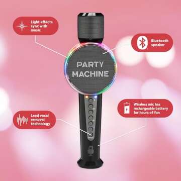 Singing Machine Wireless Karaoke Microphone for Kids & Adults, Party Machine Mic (Black) - Portable Handheld Bluetooth Microphone with Speaker & Voice Changer Effect - Karaoke Mic for Singing