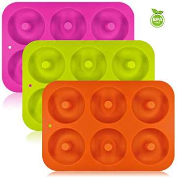 3 Pack Silicone Donut Molds, FineGood 6 Cavity Non-Stick Full-Sized Safe Baking Tray Maker Pan Heat Resistance for Cake Biscuit Bagels Muffins-Orange, Rose Red, Green