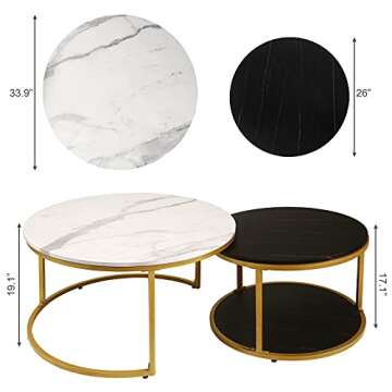 NSdirect Nesting Coffee Table Set of 2,Round Coffee Tables Modern Circle Table for Living Room Accent End Side Table with Storage Open Shelf Wooden Top & Gold Sturdy Metal Frame(White&Black)