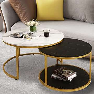 NSdirect Nesting Coffee Table Set of 2,Round Coffee Tables Modern Circle Table for Living Room Accent End Side Table with Storage Open Shelf Wooden Top & Gold Sturdy Metal Frame(White&Black)