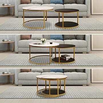 NSdirect Nesting Coffee Table Set of 2,Round Coffee Tables Modern Circle Table for Living Room Accent End Side Table with Storage Open Shelf Wooden Top & Gold Sturdy Metal Frame(White&Black)