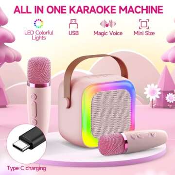 Mini Karaoke Machine for Kids Teen Adults, Kids Karaoke Machine with 2 Wireless Microphones and LED Lights Toys for Christmas Birthday Party, Home, Gifts for 4 5 6 7 8 9 10 11 12+ Years Girls Boys