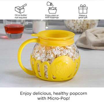 Ecolution Patented Micro-Pop Microwave Popcorn Popper with Temperature Safe Glass, 3-in-1 Lid Measures Kernels and Melts Butter, Made Without BPA, Dishwasher Safe, 1.5-Quart, Yellow