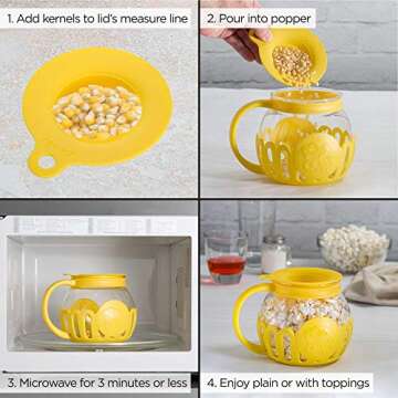 Ecolution Patented Micro-Pop Microwave Popcorn Popper with Temperature Safe Glass, 3-in-1 Lid Measures Kernels and Melts Butter, Made Without BPA, Dishwasher Safe, 1.5-Quart, Yellow