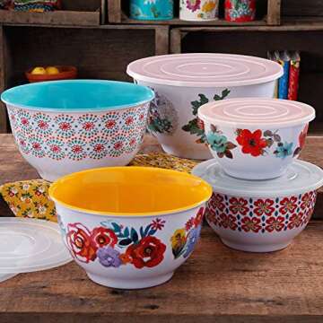 The Pioneer Woman 10-Piece Nesting Mixing Serving Bowl Set features Unique Vibrant Colors