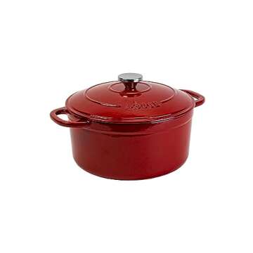 Lodge 6.5 Quart Enameled Cast Iron Dutch Oven with Lid – Dual Handles – Oven Safe up to 500° F or on Stovetop - Use to Marinate, Cook, Bake, Refrigerate and Serve – Red