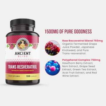 Ancient Bliss Resveratrol Powerful Antioxidant Supplement with Green Tea, Grape Seed Extract, Cardiovascular, Vitality & Immune Support Supplement for Men & Women