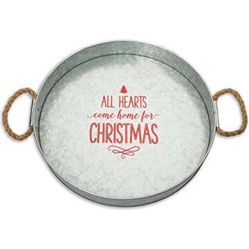 Brownlow Gifts Galvanized Metal Round Serving Tray, All Hearts Come Home For Christmas