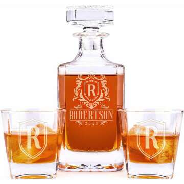 Personalized Whiskey Decanter Set - 5 Design Options - Custom Liquor 25 oz, 750ml Liquor Decanter w/Whiskey Glass Set Options, Birthday & Retirement Gifts for Men