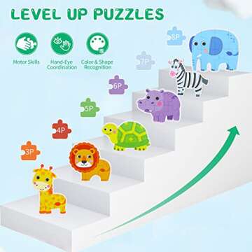 FLYINGSEEDS 6 Packs Safari Animals Shaped Wooden Jigsaw Puzzles for Toddlers Ages 1-3, Level-up Puzzles for Beginner, Montessori Learning Toys Preschool Educational Activity for Kids Ages 2-5