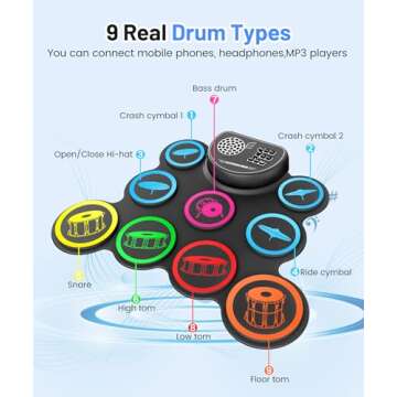 Sboet Electronic Drum Set, 9-Drum Practice Pad with Headphone Jack, Roll-up Drum Kit Machine with Built-in Speaker Drum Pedals and Sticks 10 Hours Playtime, Great Christmas Holiday Gifts for Kids