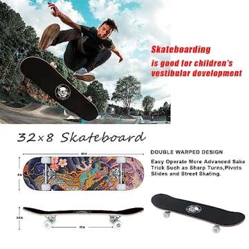 BIU Skateboards for Beginners, 32''X8'' Inch Standard Complete Skateboard for Adults Youths Teens Kids Girls Boys 8 Layer Canadian Maple Double Kick Concave with Skate Tool (Skeleton), Red