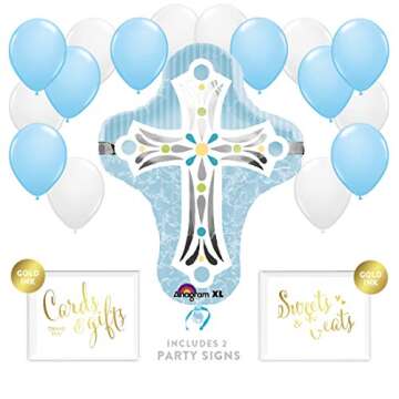 Andaz Press Balloon Party Kit with Signs, Boy Baptism Christening Confirmation, Cross with Baby Blue and White Balloons, Hanging Decor, Hanging Decorations, 19-Piece Kit, Christian, Catholic, Easter