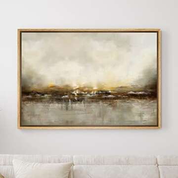 SIGNWIN Framed Canvas Wall Art Dramatic Golden Landscape by The Sea on a Cloudy Day Coastal Ocean Oil Painting Abstract Modern Closeup Relax/Calm for Living Room, Bedroom, Office - 16"x24" Natural