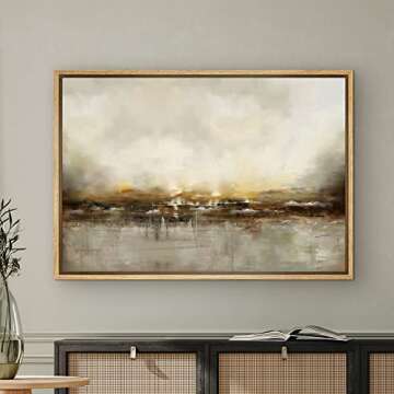 SIGNWIN Framed Canvas Wall Art Dramatic Golden Landscape by The Sea on a Cloudy Day Coastal Ocean Oil Painting Abstract Modern Closeup Relax/Calm for Living Room, Bedroom, Office - 16"x24" Natural