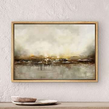 SIGNWIN Framed Canvas Wall Art Dramatic Golden Landscape by The Sea on a Cloudy Day Coastal Ocean Oil Painting Abstract Modern Closeup Relax/Calm for Living Room, Bedroom, Office - 16"x24" Natural