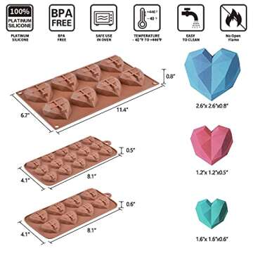 Fimary 3 Sizes Heart Silicone Molds for Chocolate Bombs Large Medium Small Diamond Heart Shaped Cake Mold Set Mini Heart Candy Molds for Wax Melts