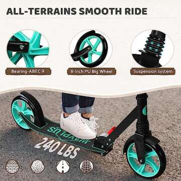 WAYPLUS Aquas Kick Scooter for Kids, Teens & Adults - Foldable, Lightweight, 8-Inch Non-Slip Deck, ABEC9 Bearings, Adjustable Height, Lifetime Service