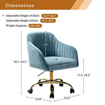 HULALA HOME Velvet Home Office Desk Chair, Modern Cute Computer Task Chair, Wheels Swivel Height Adjustable Upholstered Vanity Chair for Women, Girls (Gold Base, Blue)