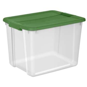 Sterilite 12 Gal Latching Lid Holiday Storage Tote Stackable Home Organizer Bin with Lid for Decorations, Seasonal Items Clear with Green Lid, 4-Pack