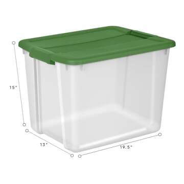 Sterilite 12 Gal Latching Lid Holiday Storage Tote Stackable Home Organizer Bin with Lid for Decorations, Seasonal Items Clear with Green Lid, 4-Pack