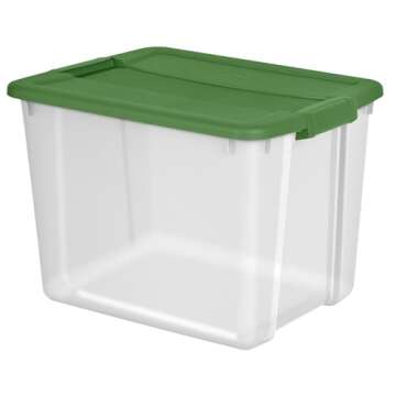 Sterilite 12 Gal Latching Lid Holiday Storage Tote Stackable Home Organizer Bin with Lid for Decorations, Seasonal Items Clear with Green Lid, 4-Pack