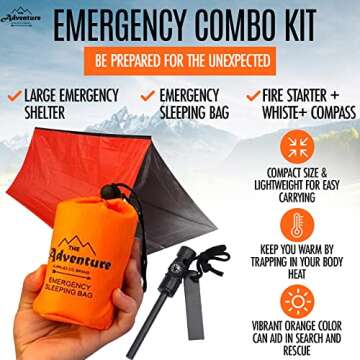 Emergency Sleeping Bag & Tent Shelter, Stocking Stuffer! Combo Prepper kit Survival Tent, Bivy Sack Tent, Sleeping Bag, Fire Starter + Whistle, Mylar Thermal Adventure Supply Co.