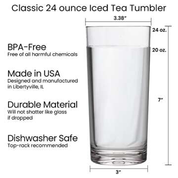 US Acrylic Classic Clear Plastic Reusable Drinking Glasses (Set of 6) 24oz Iced-Tea Cups | BPA-Free Tumblers, Made in USA | Top-Rack Dishwasher Safe