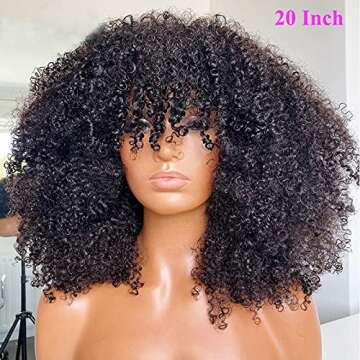 ARUKIHAIR Afro Kinky Curly Wig With Bangs Full Machine Made Scalp Top Wig 200 Density Virgin Brazilian Short Curly Human Hair Wigs Natural Color 20 inch