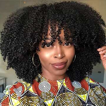 ARUKIHAIR Afro Kinky Curly Wig With Bangs Full Machine Made Scalp Top Wig 200 Density Virgin Brazilian Short Curly Human Hair Wigs Natural Color 20 inch