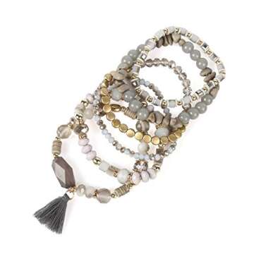 RIAH FASHION Coin Bead Multi Layer Versatile Statement Bracelets - Stackable Beaded Strand Stretch Bangles Sparkly Crystal, Tassel Charm (Gray)