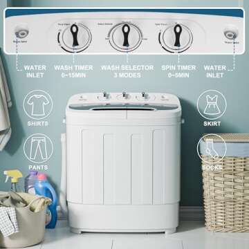 SUPER DEAL Compact Mini Twin Tub Washing Machine 13lbs Capacity Portable Washer Wash and Spin Cycle Combo, Built-in Gravity Drain for Camping, Apartments, Dorms, College, RV’s and Small Spaces