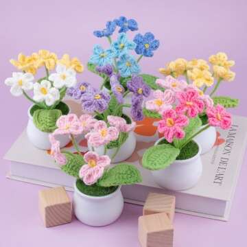 Knitting Crochet Flowers Potted Plants, Fake Forget Me Not Flowers for Friends, Family and Lover, Artificial Handmade Flowers for Birthday Wedding Teacher’Day Gift and Home Decor (Gyellow)