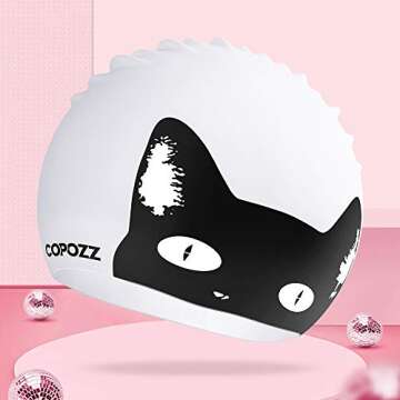 COPOZZ Swim Cap for Women, Silicone Waterproof Comfy Swimming Bathing Cap for Long Hair with Cat Printed (Black Cat-12yrs+)