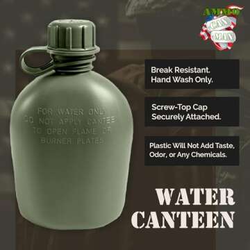 Olive Drab Green Plastic Canteen – GI Style Screw-Top Cap Polyethylene 1 Quart Canteen – Durable, Chemical & Odor-Free Tactical Water Bottle - Reusable Water Bottle for Hunters, Outdoor Enthusiasts