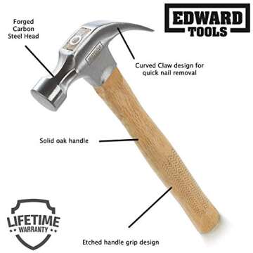 Edward Tools Oak Claw Hammer 16 oz - Heavy Duty All Purpose Hammer - Forged Carbon Steel Head - Etched Solid Oak Handle for more durability and grip (1)