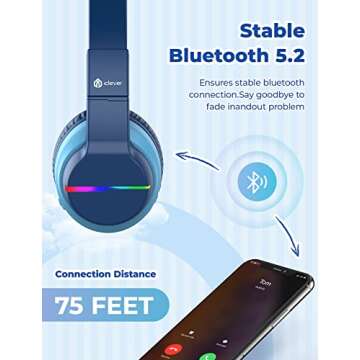 iClever BTH12 Kids Bluetooth Headphones,Colorful LED Lights Wireless Kids Headphones,74/85/94dB Volume Limited,85H Playtime,Bluetooth 5.2,Over Ear Headphones Built-in Mic for iPad/Tablet/Airplane,Blue