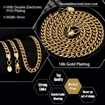 KRKC&CO 6mm 18in Miami Cuban Link Chain for Men, 18K Gold Plated Stainless Steel Anti-Tarnish Anti-Allergies Hip Hop Rapper Chain Necklace for Men