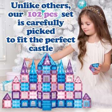 Little Pi 102pcs Frozen Princess Castle Magnetic Tiles Building Blocks - 3D Diamond Blocks, STEM Educational Toddler Toys for Pretend Play, 4 Year Old Girl Birthday Gifts Kids Ages 3 5 6 7 8 - Blue