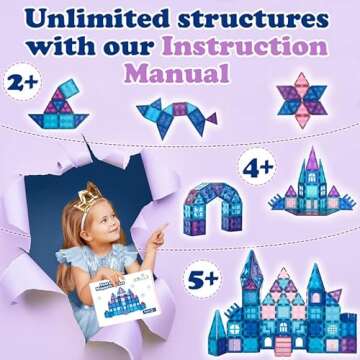 Little Pi 102pcs Frozen Princess Castle Magnetic Tiles Building Blocks - 3D Diamond Blocks, STEM Educational Toddler Toys for Pretend Play, 4 Year Old Girl Birthday Gifts Kids Ages 3 5 6 7 8 - Blue