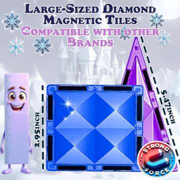 Little Pi 102pcs Frozen Princess Castle Magnetic Tiles Building Blocks - 3D Diamond Blocks, STEM Educational Toddler Toys for Pretend Play, 4 Year Old Girl Birthday Gifts Kids Ages 3 5 6 7 8 - Blue