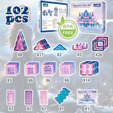 Little Pi 102pcs Frozen Princess Castle Magnetic Tiles Building Blocks - 3D Diamond Blocks, STEM Educational Toddler Toys for Pretend Play, 4 Year Old Girl Birthday Gifts Kids Ages 3 5 6 7 8 - Blue