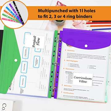 12 Pack Expandable Folders Plastic Binder Pocket with 11 Holes for 2/3/4 Ring Binder, A4/Letter Document Pouch with Snap Button & Label, Index Dividers Pocket Clear Poly Envelopes (Vertical-Opening)