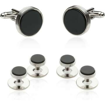 Mens Tuxedo Cufflinks and Studs Formal Set in Black Onyx and Silver with Travel Presentation Gift Box Men Cufflinks for Wedding Groomsmen Jewelry